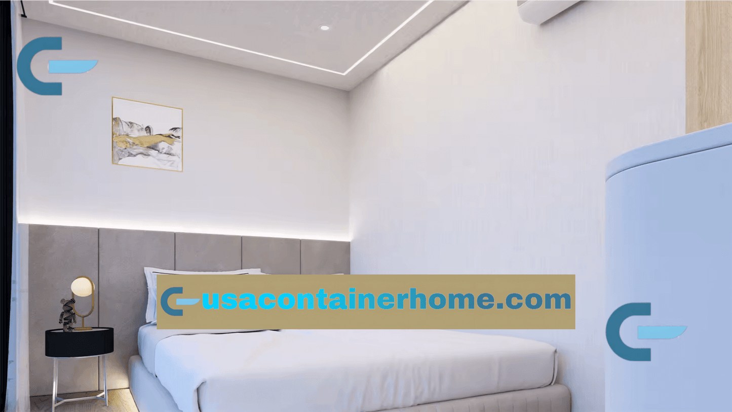 Modern bedroom with a bed and wall art, featuring the USA Container Home logo.