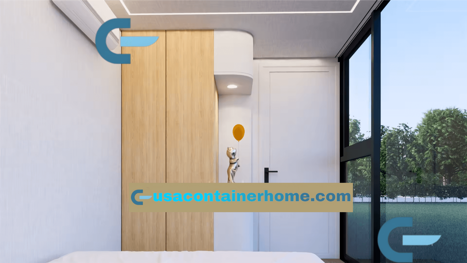 Modern interior design with a wooden wardrobe and large windows.