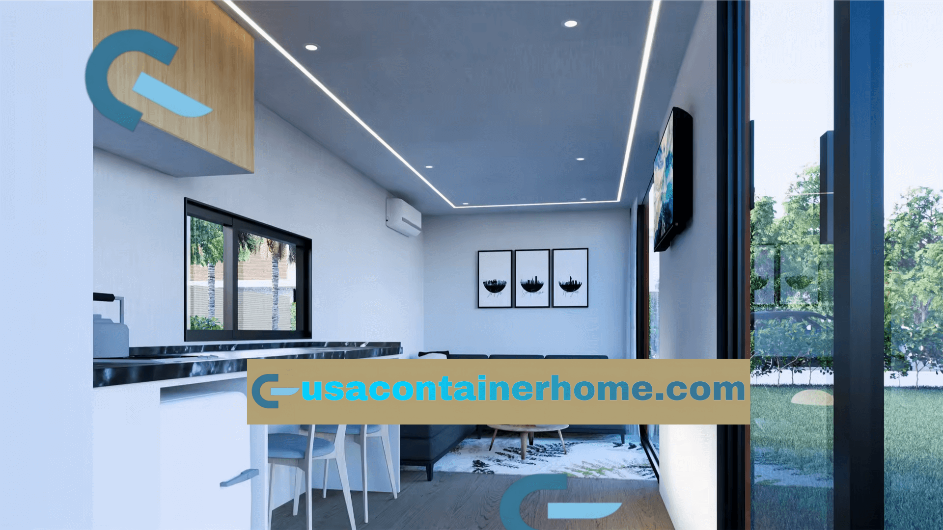 Modern interior of a container home with kitchen and living area.
