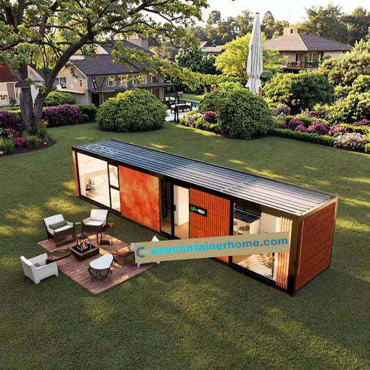 Modular container home with outdoor furniture on a grassy area