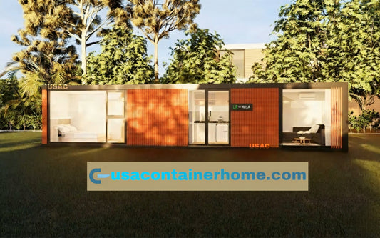 A dramatic drone shot starting low on lush green grass, slowly tilting up to reveal a modern, stylish shipping container home with orange and black accents. The sun is bright in a clear blue sky. Hyper-realistic, cinematic, 8K.